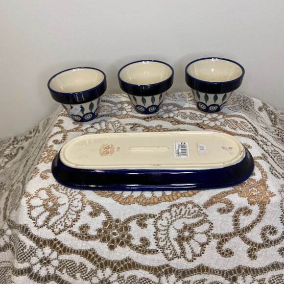 Polish Pottery Boleslawiec  Set of 3 Planters with Tray - Picture 4 of 6